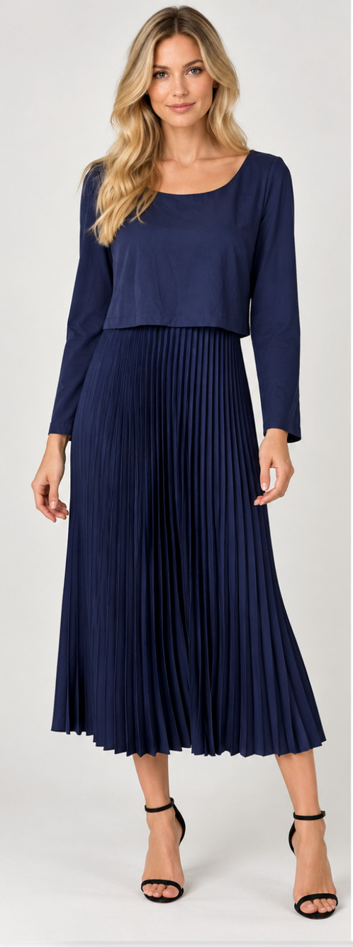 Soft Surroundings Cassandra Midi Pleated Dress Navy Blue Long Sleeve Size XL NWT